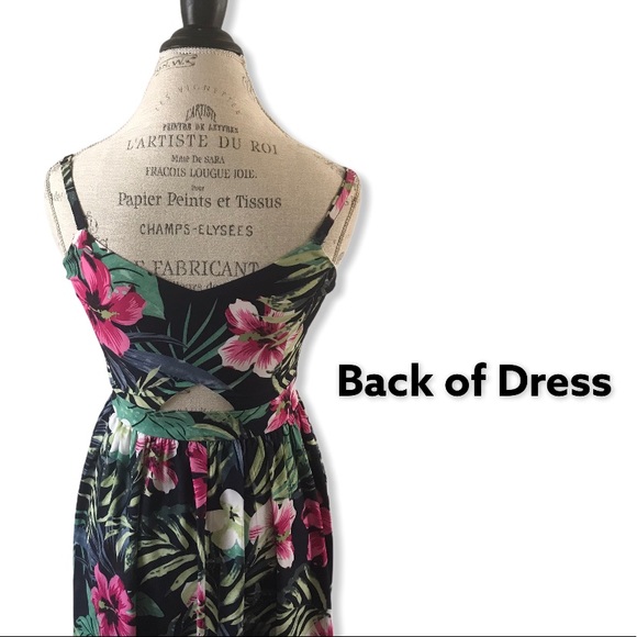 KLING Tropical Print Maxi Dress with Cut Out Detail in Navy Pink and Green - Picture 3 of 11